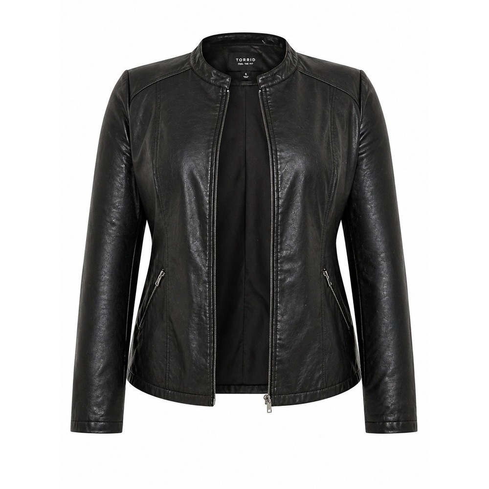Torrid Black Faux Leather Moto Jacket Plus Size 6 Zip Pocket Minimalist Biker - Picture 2 of 16